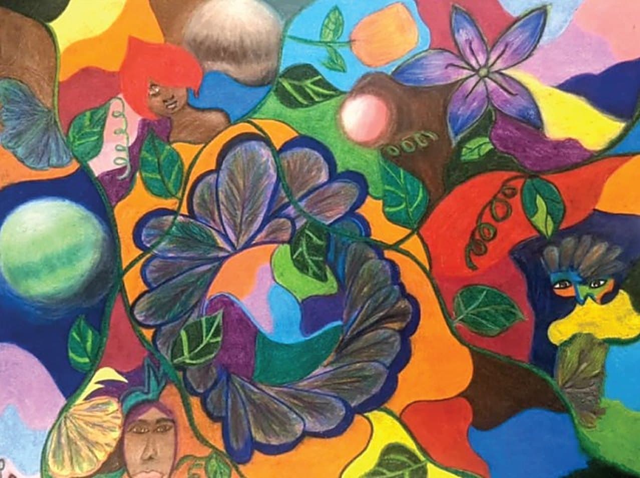 Botanical drawing in jewel tones with faces hidden among leaves, flowers and planets