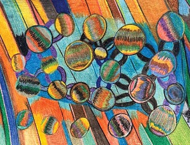 Clusters of striped orbs over bands of orange, blue and violet