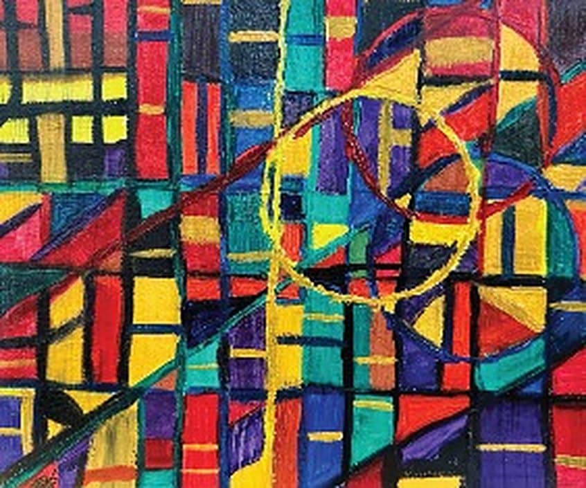 A stained glass style grid of red, yellow, violet and teal with a golden circle