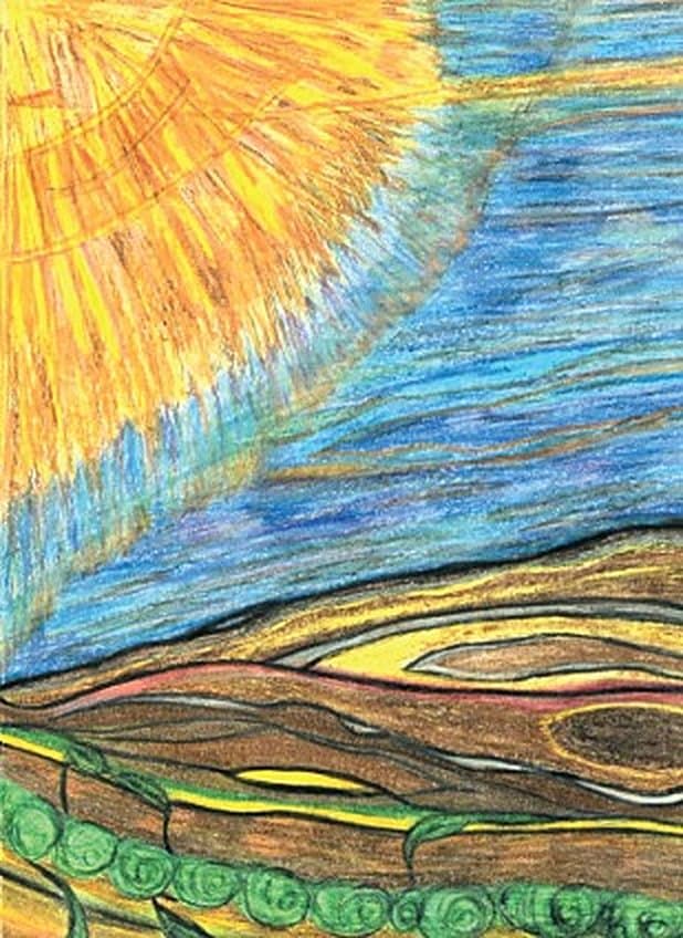 A radiant golden sun over layered blue sky and brown and green land